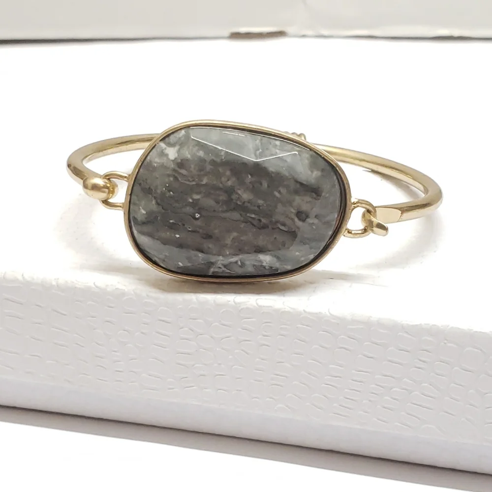Gray Marble Cut Stone Gold Tone Bracelet Statement Bracelet